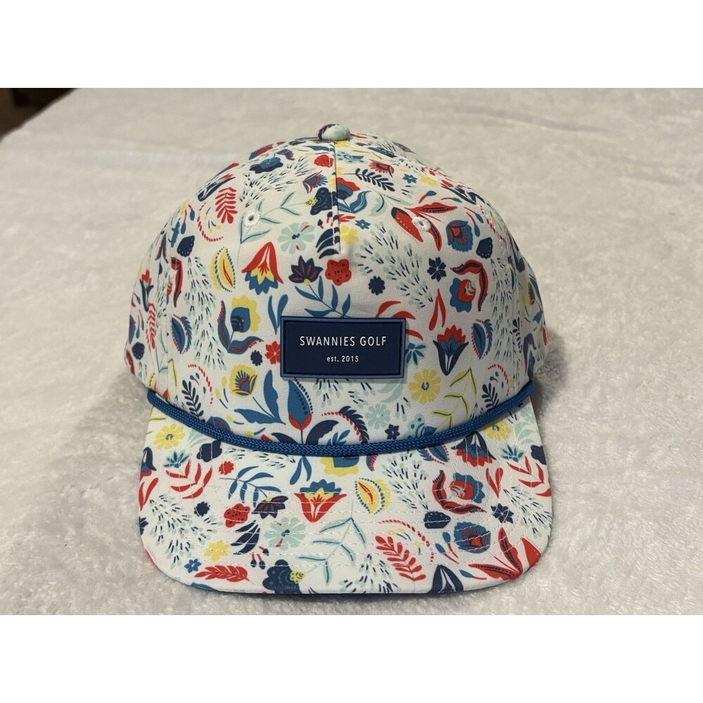 Swannies Golf Floral Rope Snapback Hat Performance Golf Cap White Blue Red